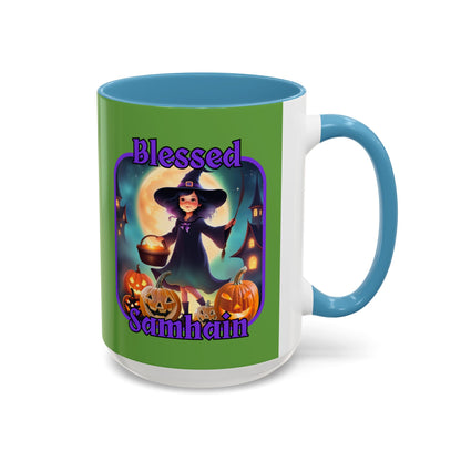 Blessed Samhain Little Witch Purple font Green Accent Mug by CreepyCrafts.boo