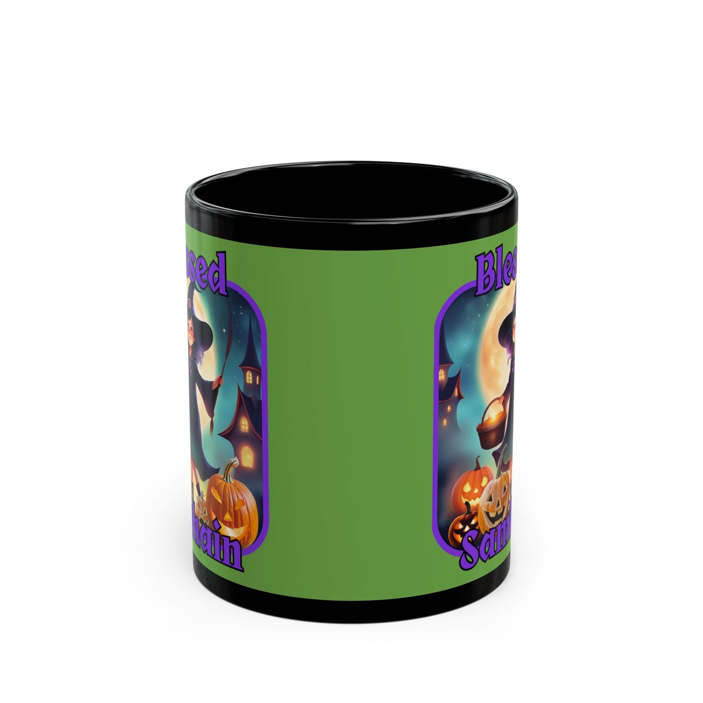 Blessed Samhain Little Witch Purple font Green Mug by CreepyCrafts.boo