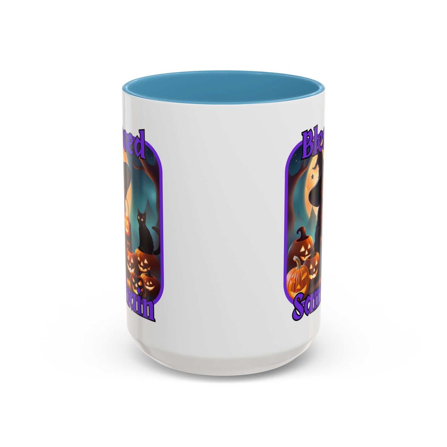 Blessed Samhain Cute Witch Purple font White Accent Mug by CreepyCrafts.boo