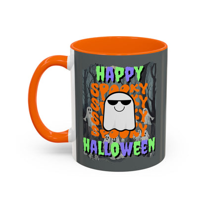 Spooky Happy Halloween Ghost Mixed font Grey Accent Mug by CreepyCrafts.boo