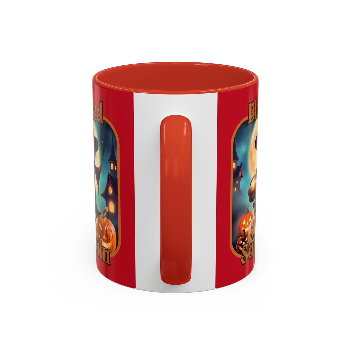 Blessed Samhain Little Witch Orange font Red Accent Mug by CreepyCrafts.boo