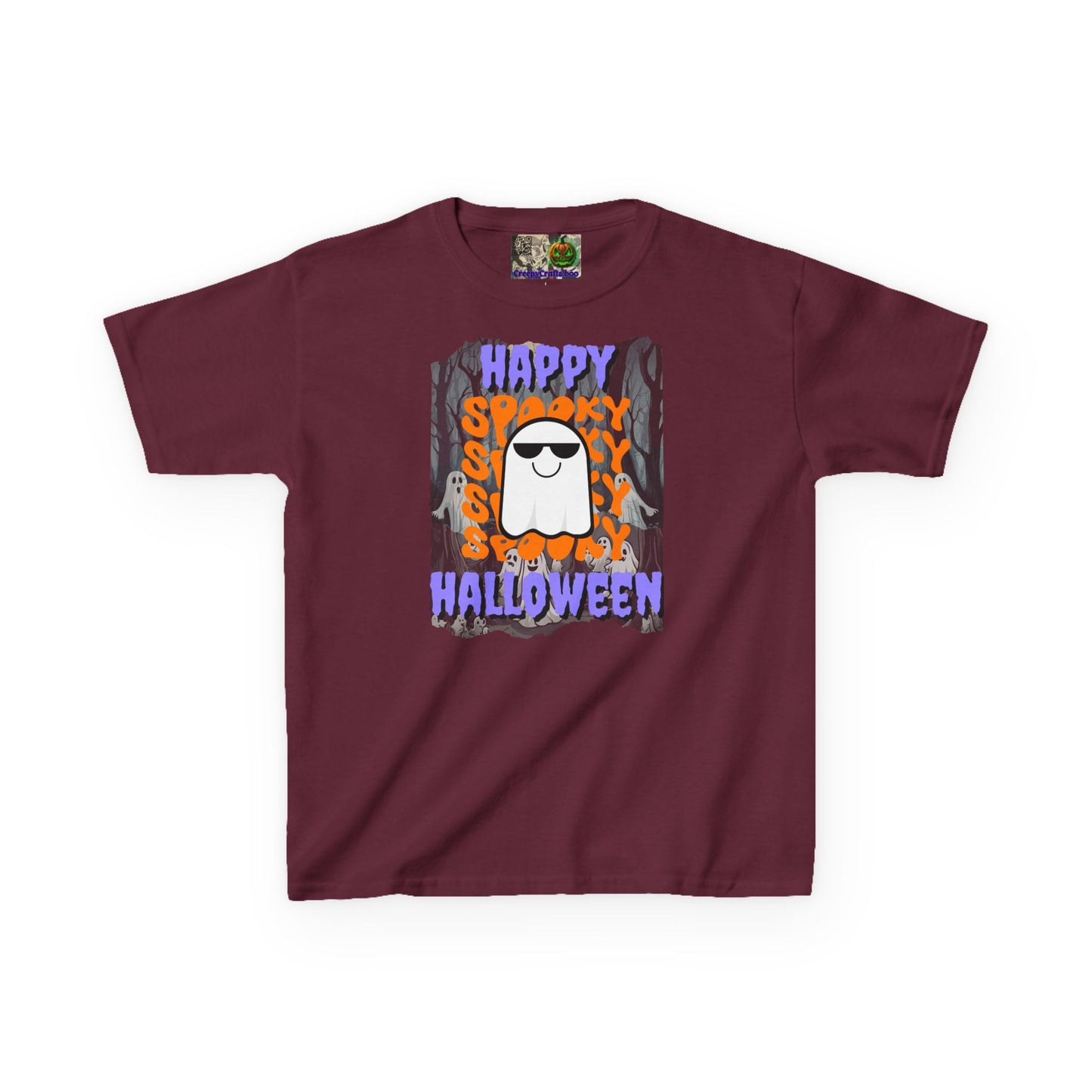 Spooky Happy Halloween Ghost Purple font Kids Heavy Cotton™ Tee by CreepyCrafts.boo