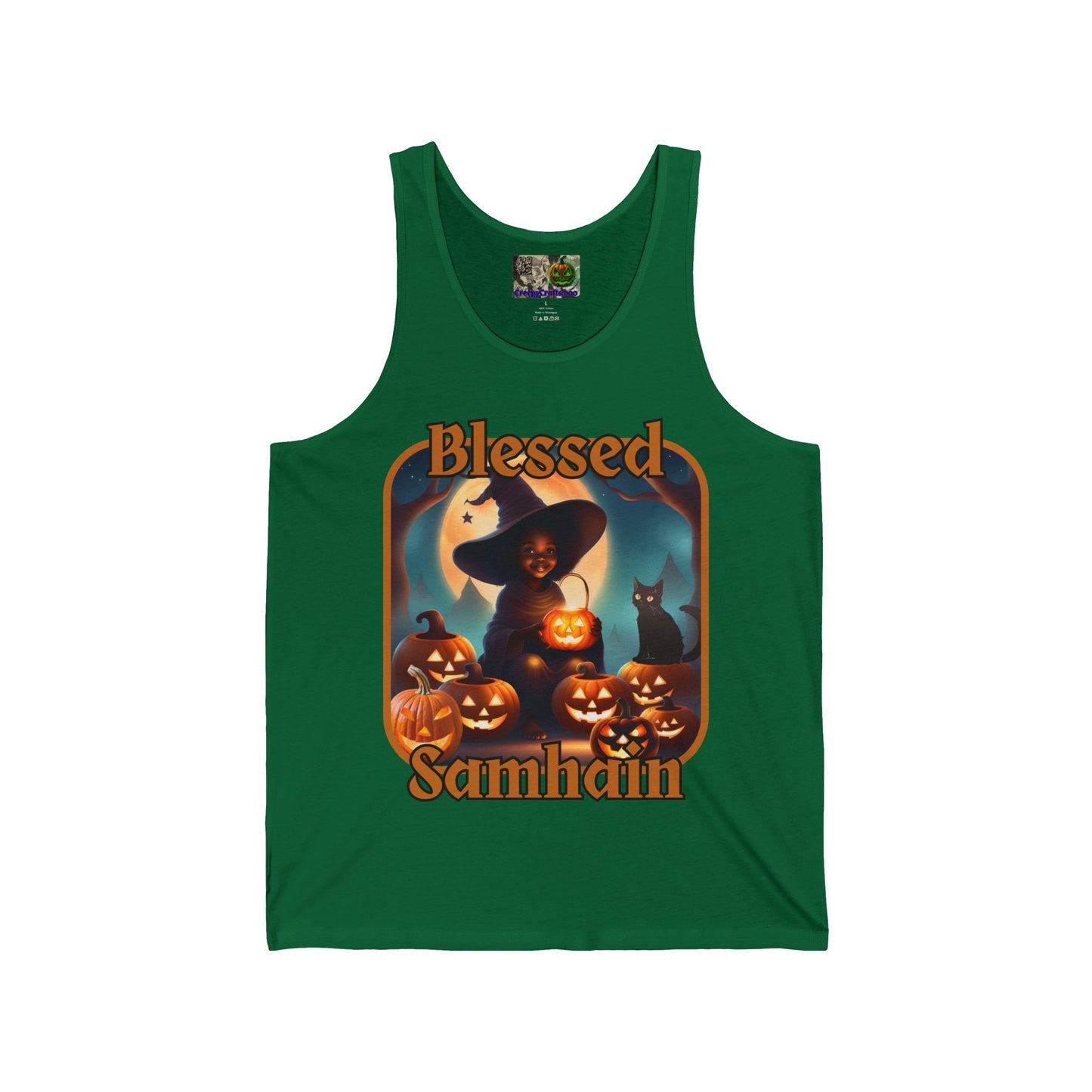Blessed Samhain Cute Witch Orange font Unisex Jersey Tank Top by CreepyCrafts.boo