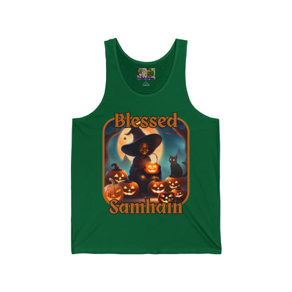 Blessed Samhain Cute Witch Orange font Unisex Jersey Tank Top by CreepyCrafts.boo
