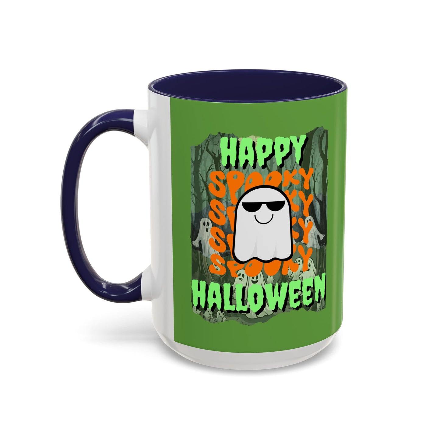 Spooky Happy Halloween Ghost Green font Green Accent Mug by CreepyCrafts.boo
