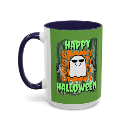 Spooky Happy Halloween Ghost Green font Green Accent Mug by CreepyCrafts.boo