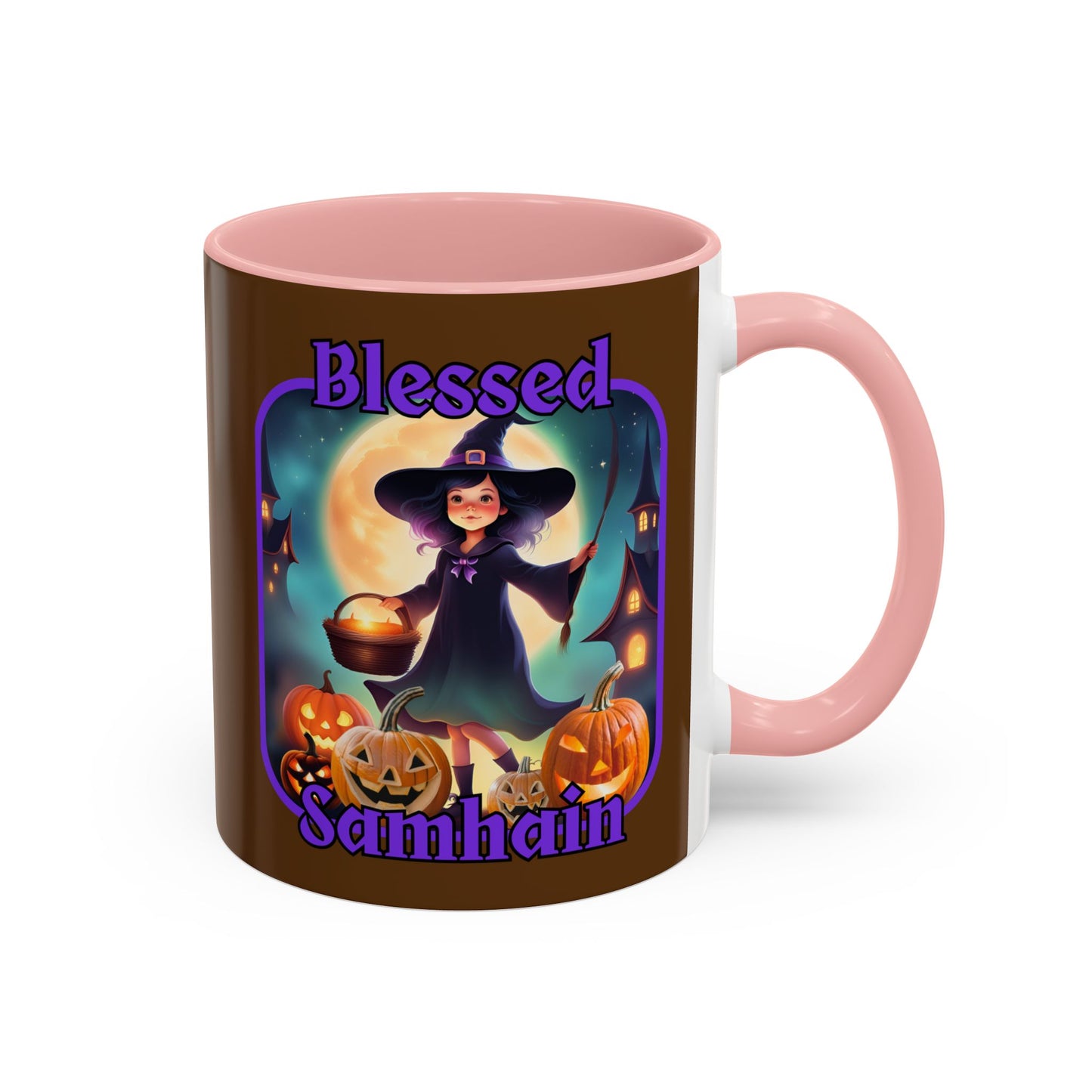 Blessed Samhain Little Witch Purple font Brown Accent Mug by CreepyCrafts.boo