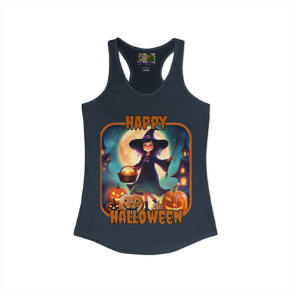 Happy Halloween Little Witch Orange font Women's Racerback Tank Top by CreepyCrafts.boo