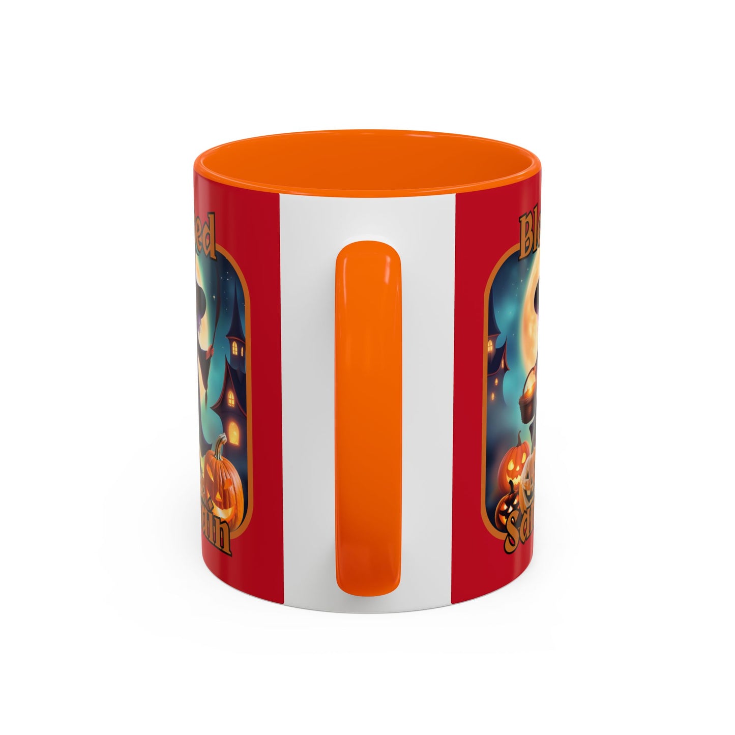 Blessed Samhain Little Witch Orange font Red Accent Mug by CreepyCrafts.boo