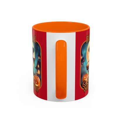 Blessed Samhain Little Witch Orange font Red Accent Mug by CreepyCrafts.boo