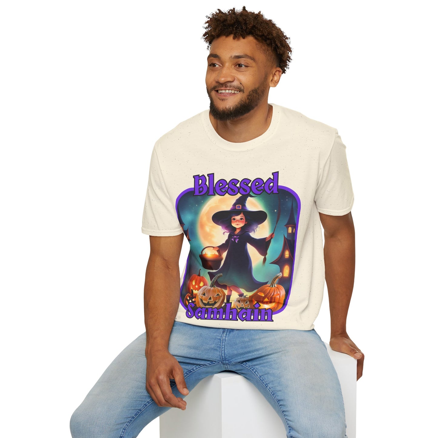 Blessed Samhain Little Witch Purple font Light colors Unisex T-Shirt by CreepyCrafts.boo