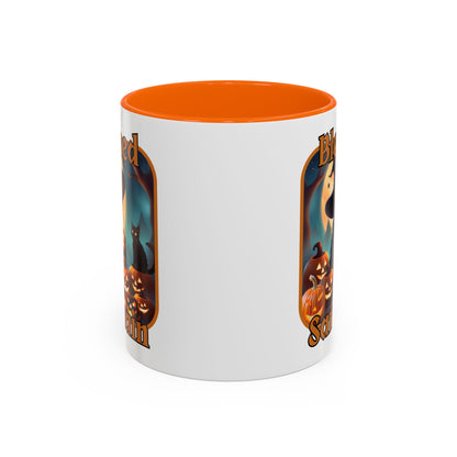 Blessed Samhain Cute Witch Orange font White Accent Mug by CreepyCrafts.boo
