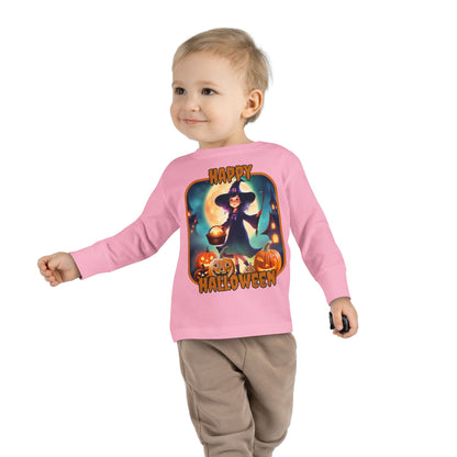 Happy Halloween Little Witch Orange font Toddler Long Sleeve Tee by CreepyCrafts.boo