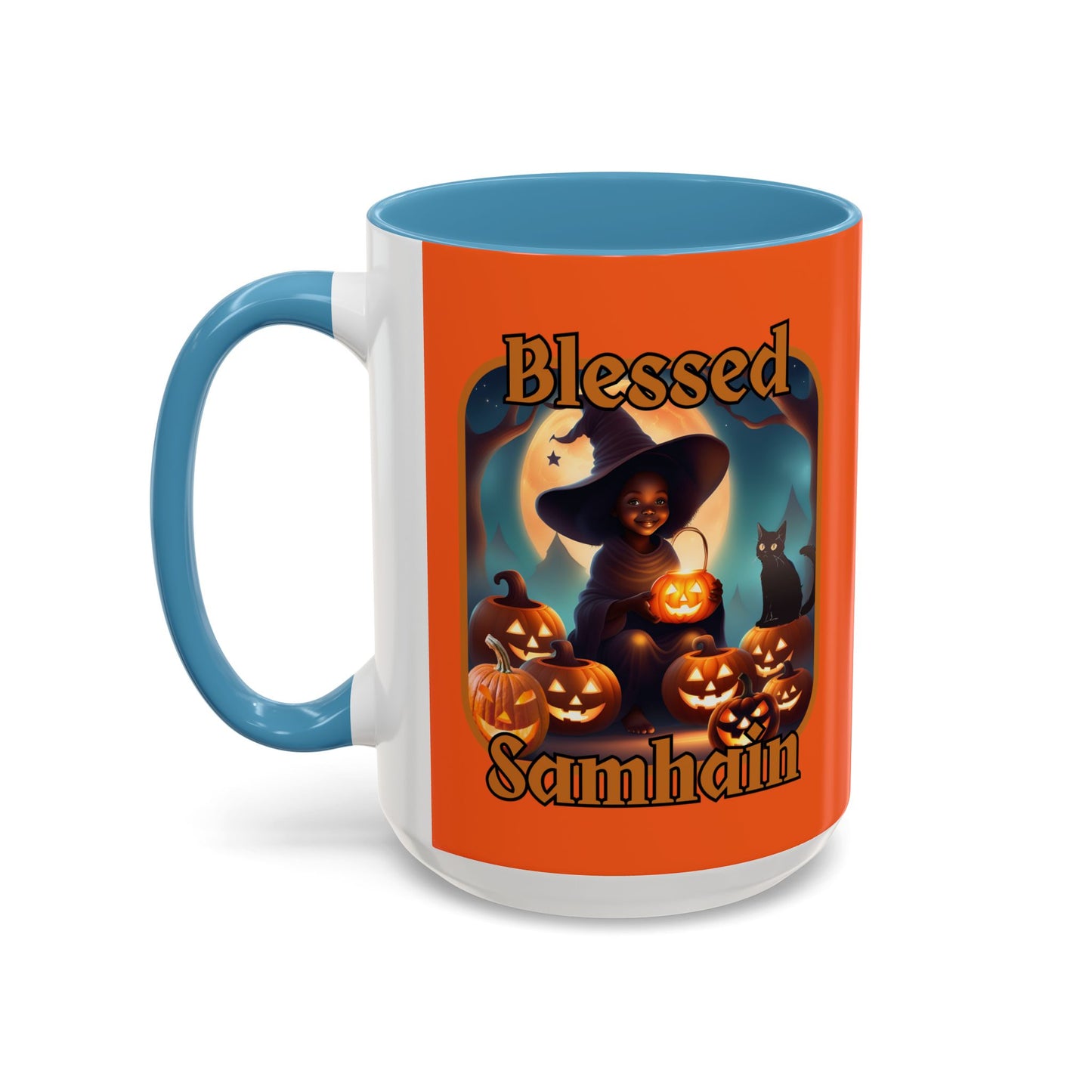 Blessed Samhain Cute Witch Orange font Orange Accent Mug by CreepyCrafts.boo