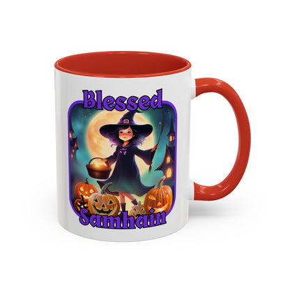 Blessed Samhain Little Witch Purple font White Accent Mug by CreepyCrafts.boo