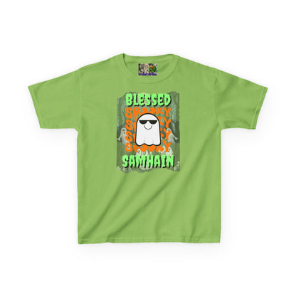 Spooky Blessed Samhain Ghost Green font Kids Heavy Cotton™ Tee by CreepyCrafts.boo