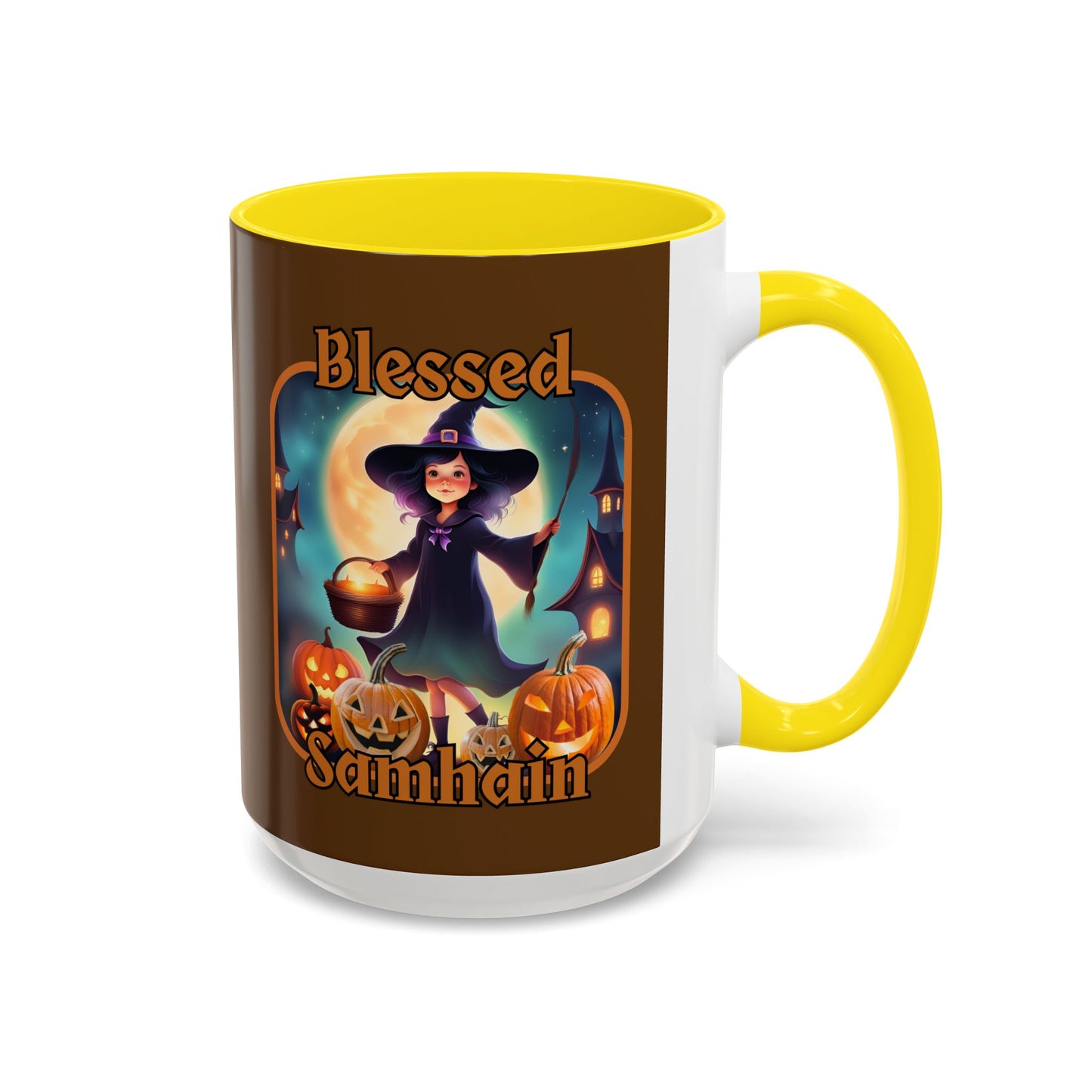 Blessed Samhain Little Witch Orange font Brown Accent Mug by CreepyCrafts.boo