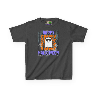 Spooky Happy Halloween Ghost Purple font Kids Heavy Cotton™ Tee by CreepyCrafts.boo