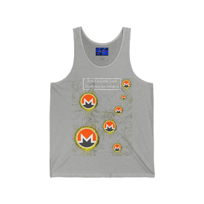 Monero (XMR) don't assume your freedoms are assured Dark colors Unisex Jersey Tank Top by cypherpunkgear.com