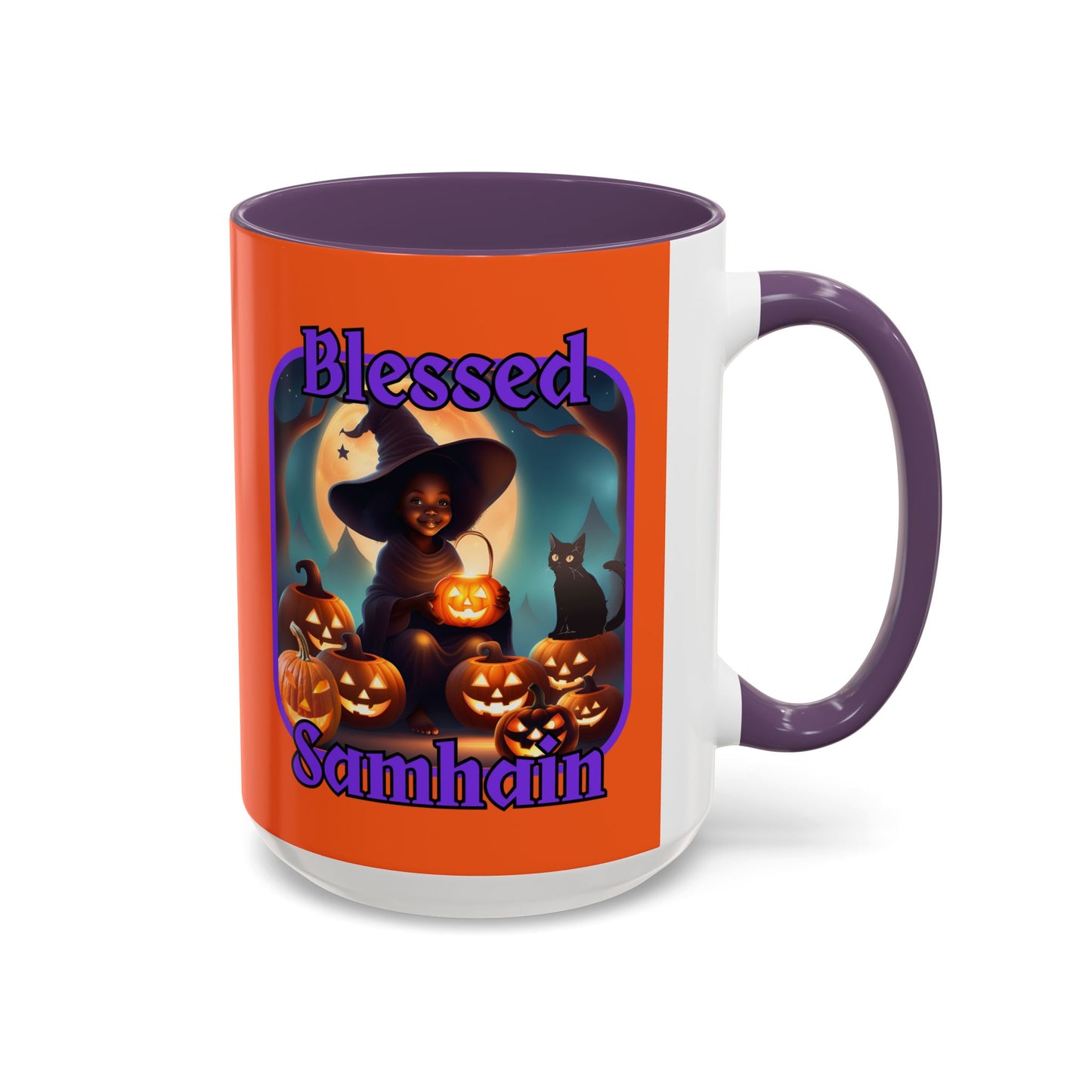 Blessed Samhain Cute Witch Purple font Orange Accent Mug by CreepyCrafts.boo