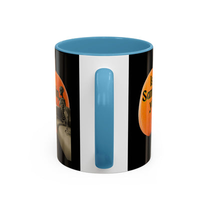 Is It Samhain Yet? Skeleton's Giant Pumpkin Black Accent Mug by CreepyCrafts.boo