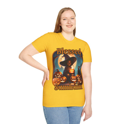 Blessed Samhain Cute Witch Orange font Light colors Unisex T-Shirt by CreepyCrafts.boo