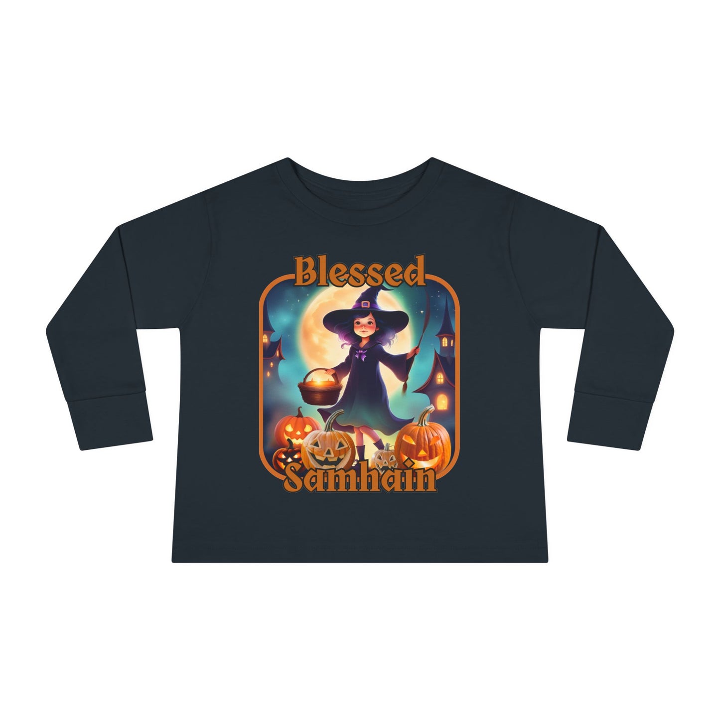 Blessed Samhain Little Witch Orange font Toddler Long Sleeve Tee by CreepyCrafts.boo