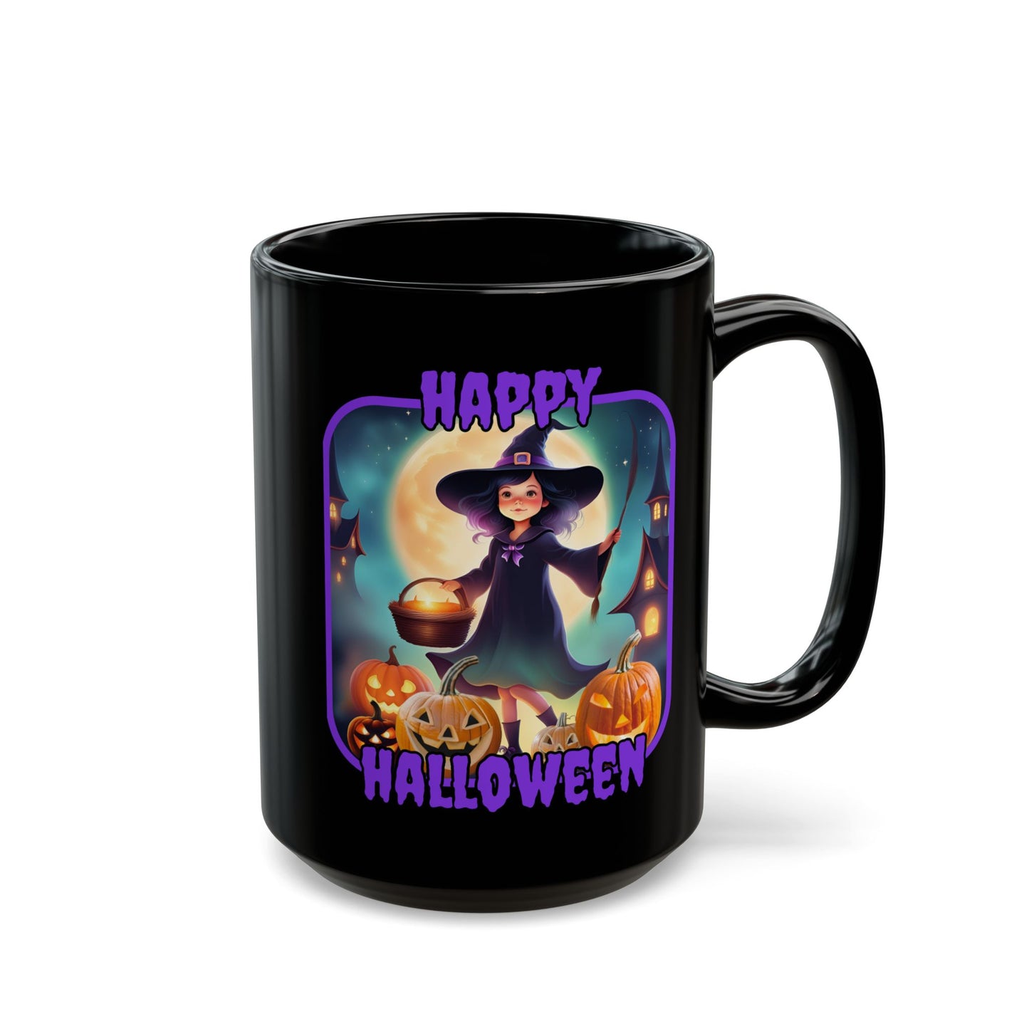Happy Halloween Little Witch Purple font Black Mug by CreepyCrafts.boo