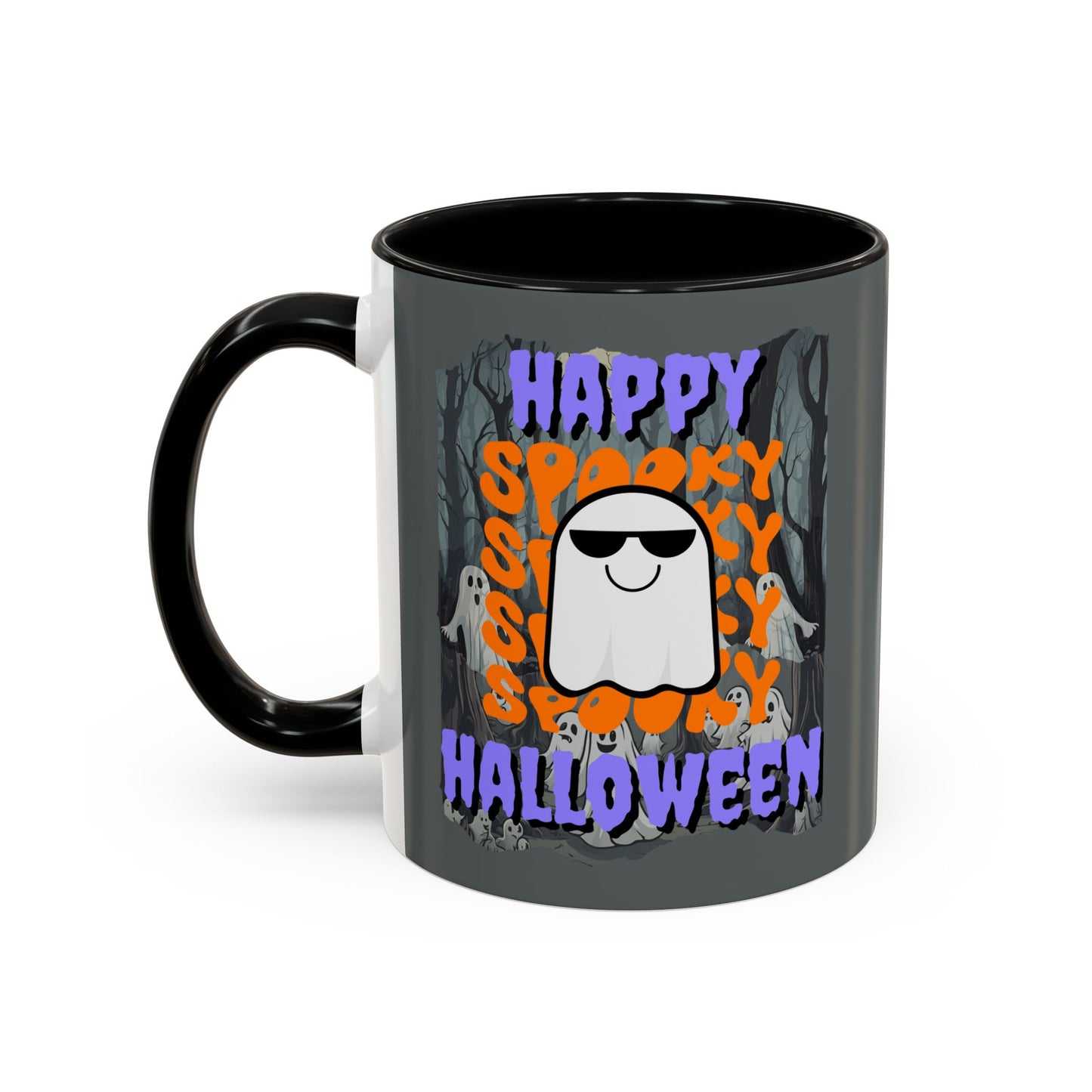 Spooky Happy Halloween Ghost Purple font Grey Accent Mug by CreepyCrafts.boo