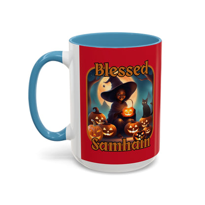 Blessed Samhain Cute Witch Orange font Red Accent Mug by CreepyCrafts.boo