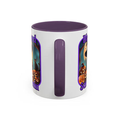 Blessed Samhain Cute Witch Purple font White Accent Mug by CreepyCrafts.boo