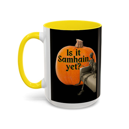 Is It Samhain Yet? Skeleton's Giant Pumpkin Black Accent Mug by CreepyCrafts.boo