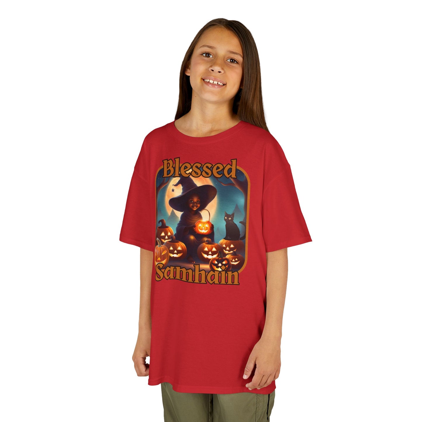 Blessed Samhain Cute Witch Orange font Kids Heavy Cotton™ Tee by CreepyCrafts.boo