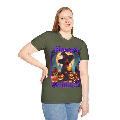 Blessed Samhain Cute Witch Purple font Dark colors Unisex T-Shirt by CreepyCrafts.boo