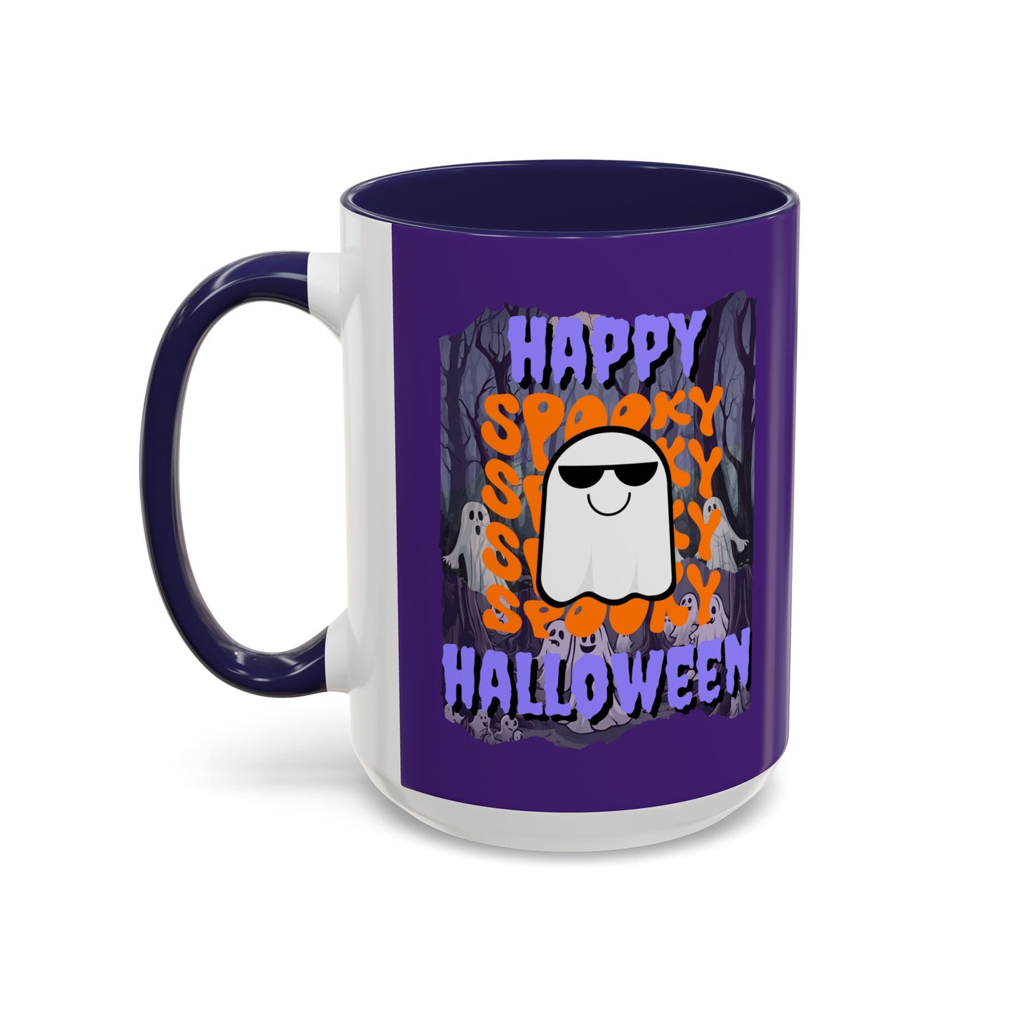 Spooky Happy Halloween Ghost Purple font Purple Accent Mug by CreepyCrafts.boo