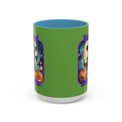 Blessed Samhain Little Witch Purple font Green Accent Mug by CreepyCrafts.boo