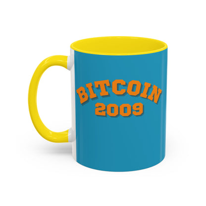 Bitcoin 2009 Turquoise Accent Mug by cypherpunkgear.com