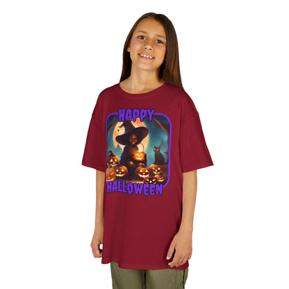 Happy Halloween Cute Witch Purple font Kids Heavy Cotton™ Tee by CreepyCrafts.boo