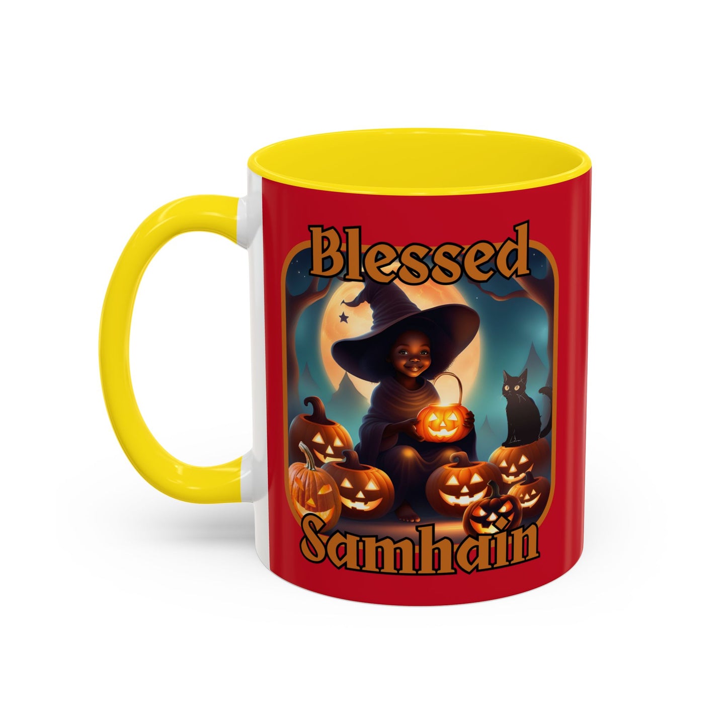 Blessed Samhain Cute Witch Orange font Red Accent Mug by CreepyCrafts.boo
