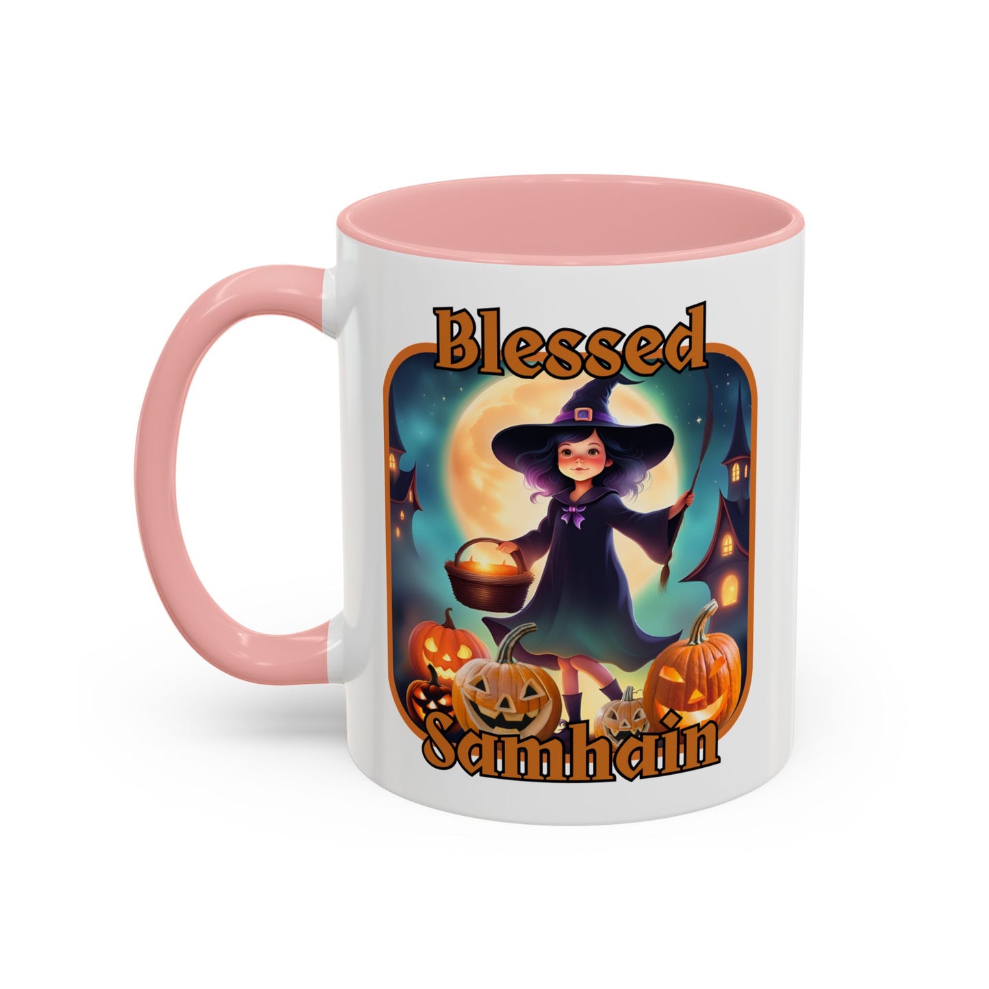 Blessed Samhain Little Witch Orange font White Accent Mug by CreepyCrafts.boo