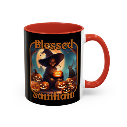 Blessed Samhain Cute Witch Orange font Black Accent Mug by CreepyCrafts.boo