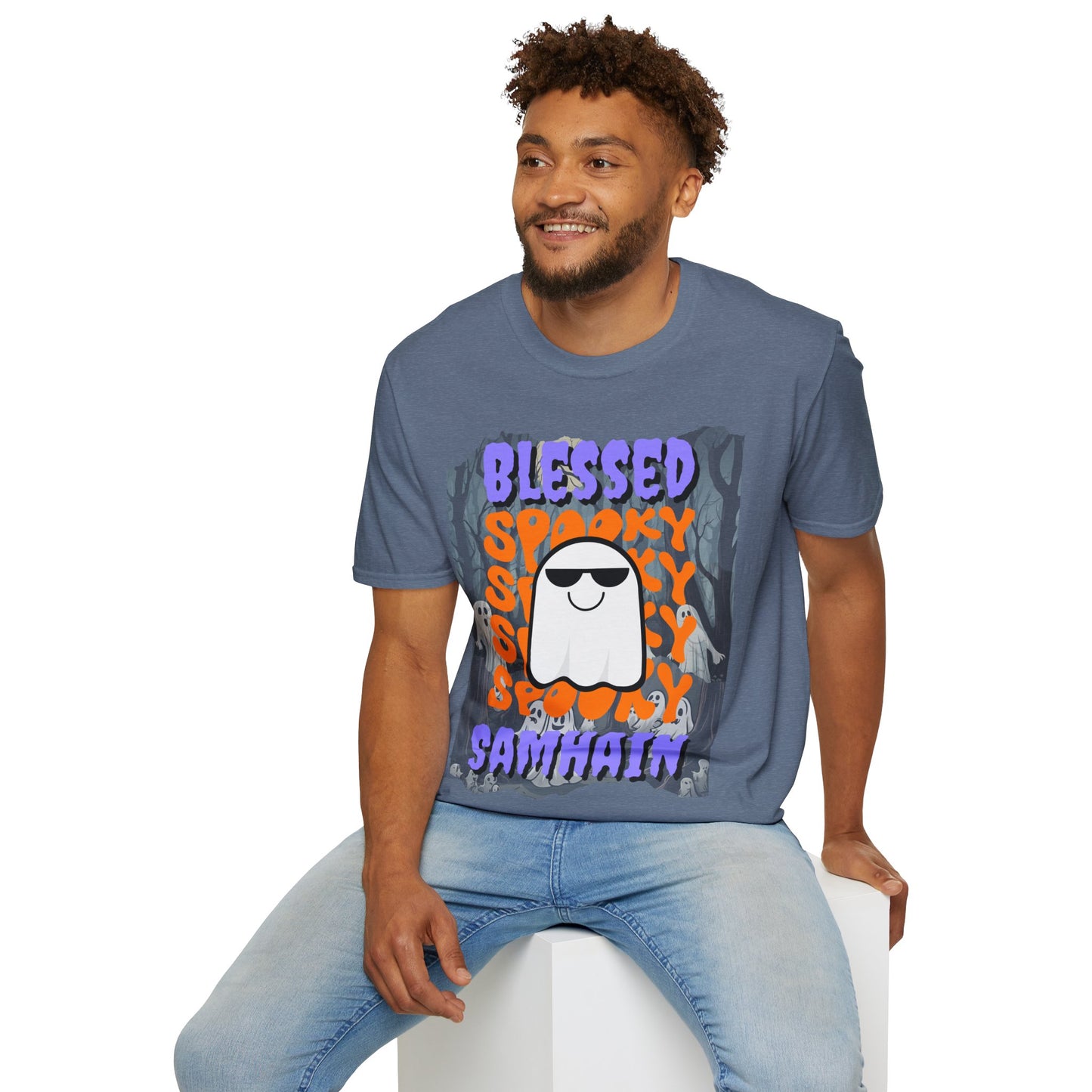 Spooky Blessed Samhain Ghost Purple font Unisex T-Shirt by CreepyCrafts.boo