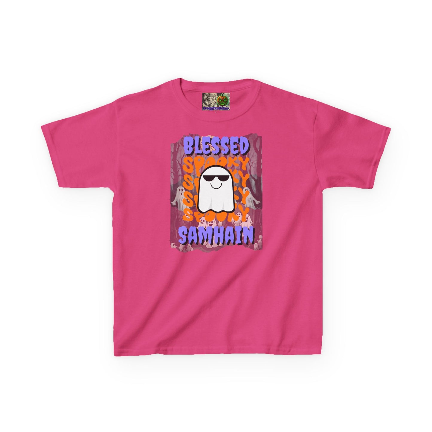 Spooky Blessed Samhain Ghost Purple font Kids Heavy Cotton™ Tee by CreepyCrafts.boo