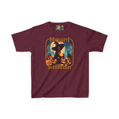 Blessed Samhain Cute Witch Orange font Kids Heavy Cotton™ Tee by CreepyCrafts.boo
