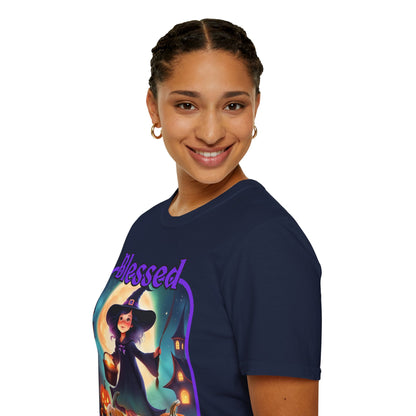 Blessed Samhain Little Witch Purple font Dark colors Unisex T-Shirt by CreepyCrafts.boo