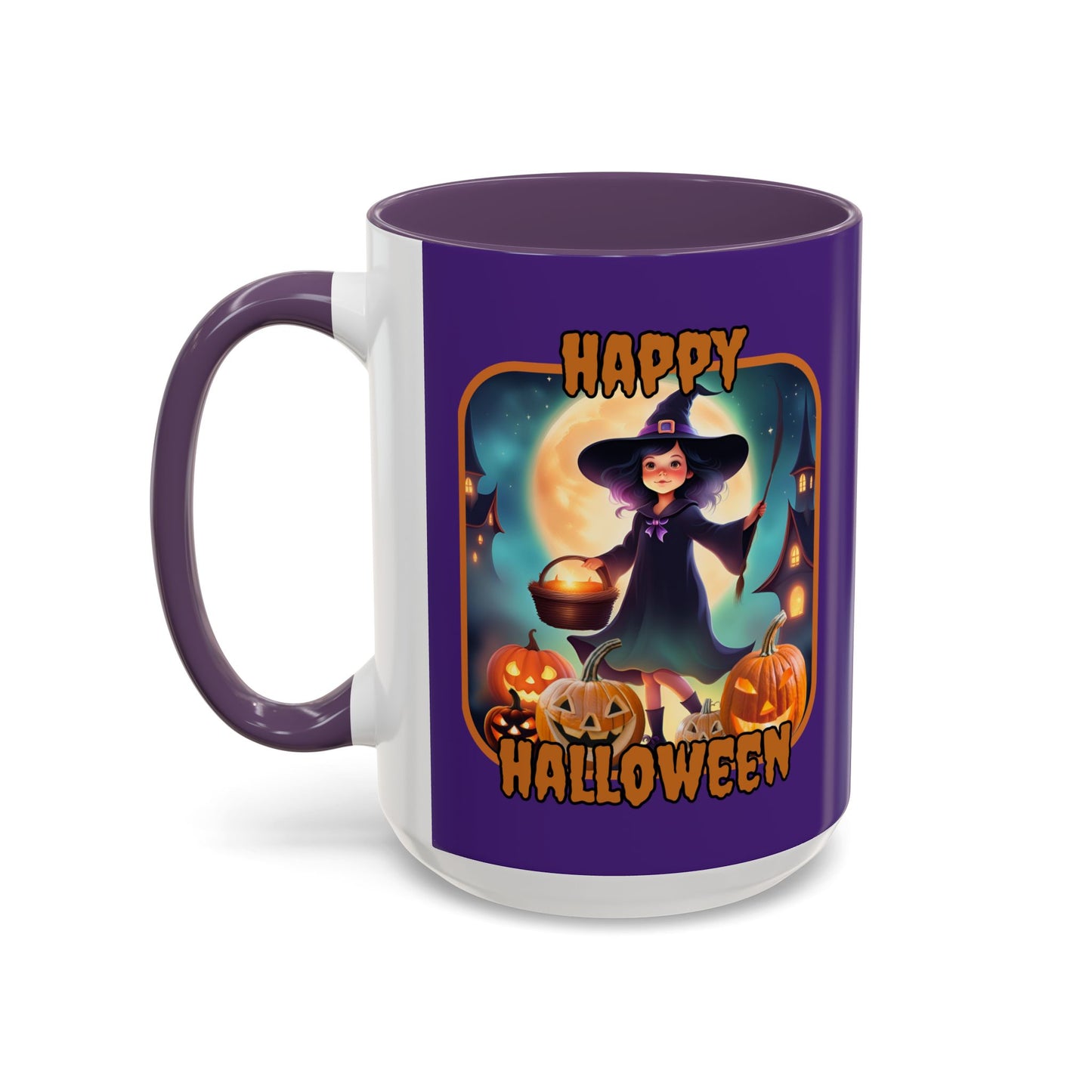 Happy Halloween Little Witch Orange font Purple Accent Mug by CreepyCrafts.boo