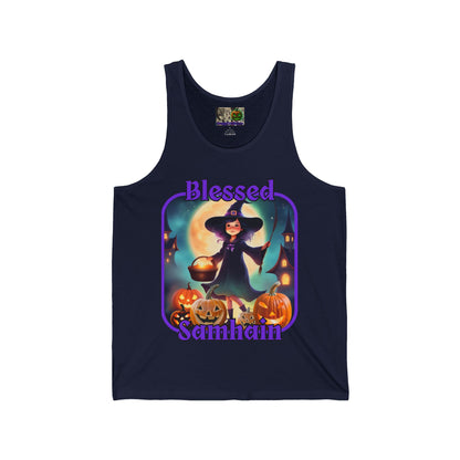 Blessed Samhain Little Witch Purple font Unisex Jersey Tank Top by CreepyCrafts.boo