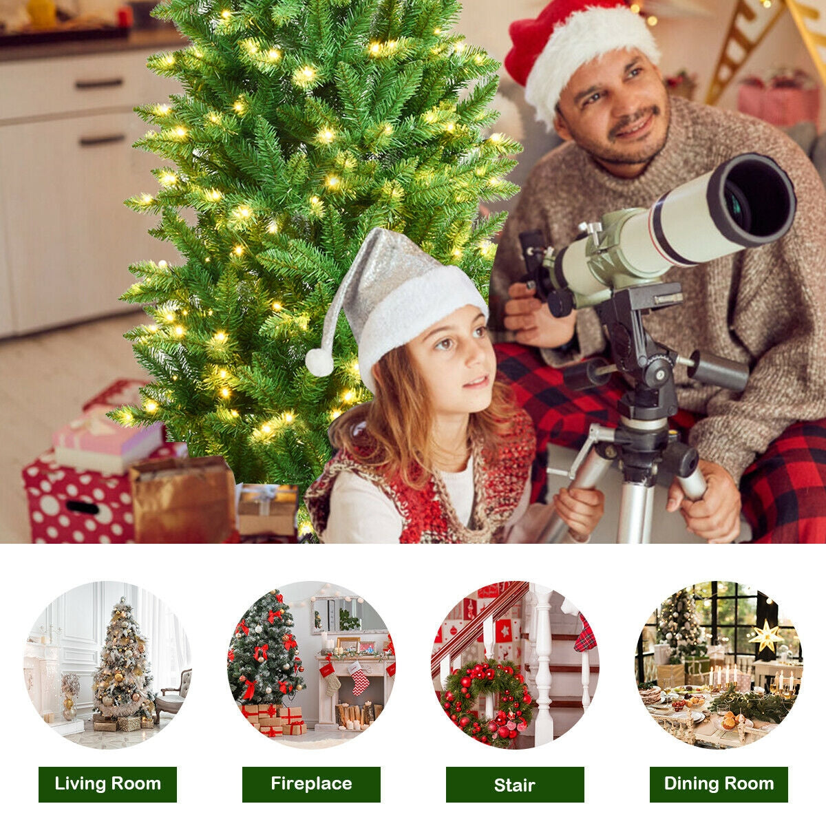 6 Feet PVC Hinged Pre-lit Artificial Fir Pencil Christmas Tree with 150 Lights