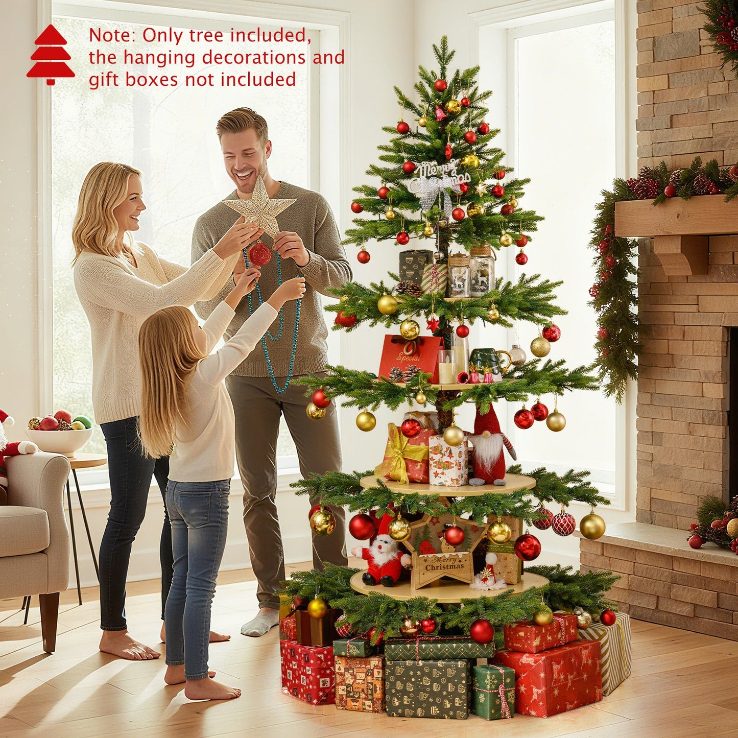 6.4 FT Rotating Christmas Tree 4-Tier Artificial Xmas Tree with 280 Branch Tips and 220 LED Lights