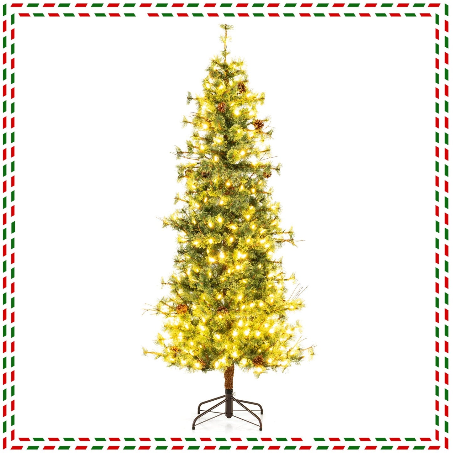 6/7/8 Feet Artificial Christmas Tree Pre-lit Hinged Xmas Tree with Warm White LED Lights and Pine Cones
